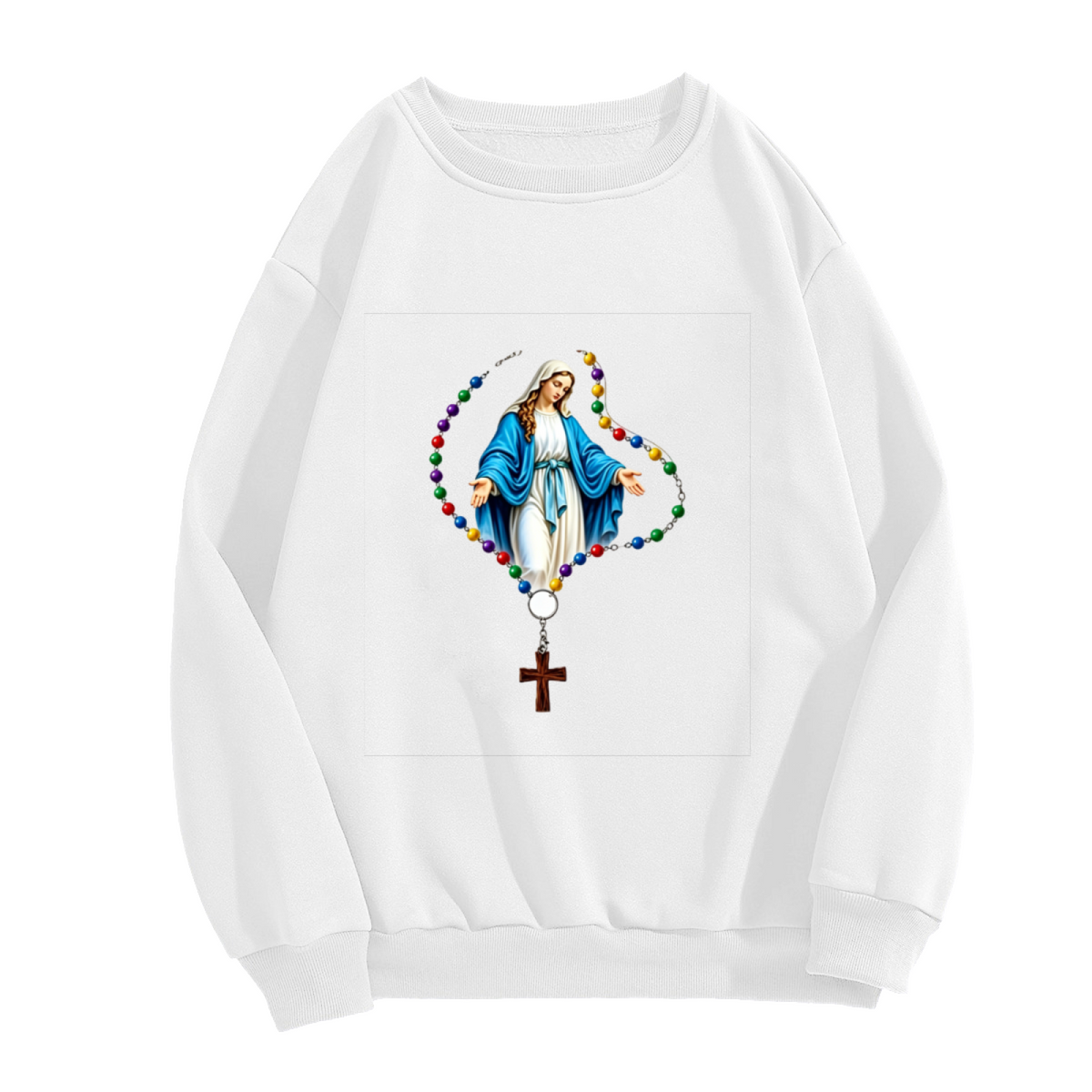 Virgin Mary Colorful Rosary Cross Graphic Crewneck Sweatshirt