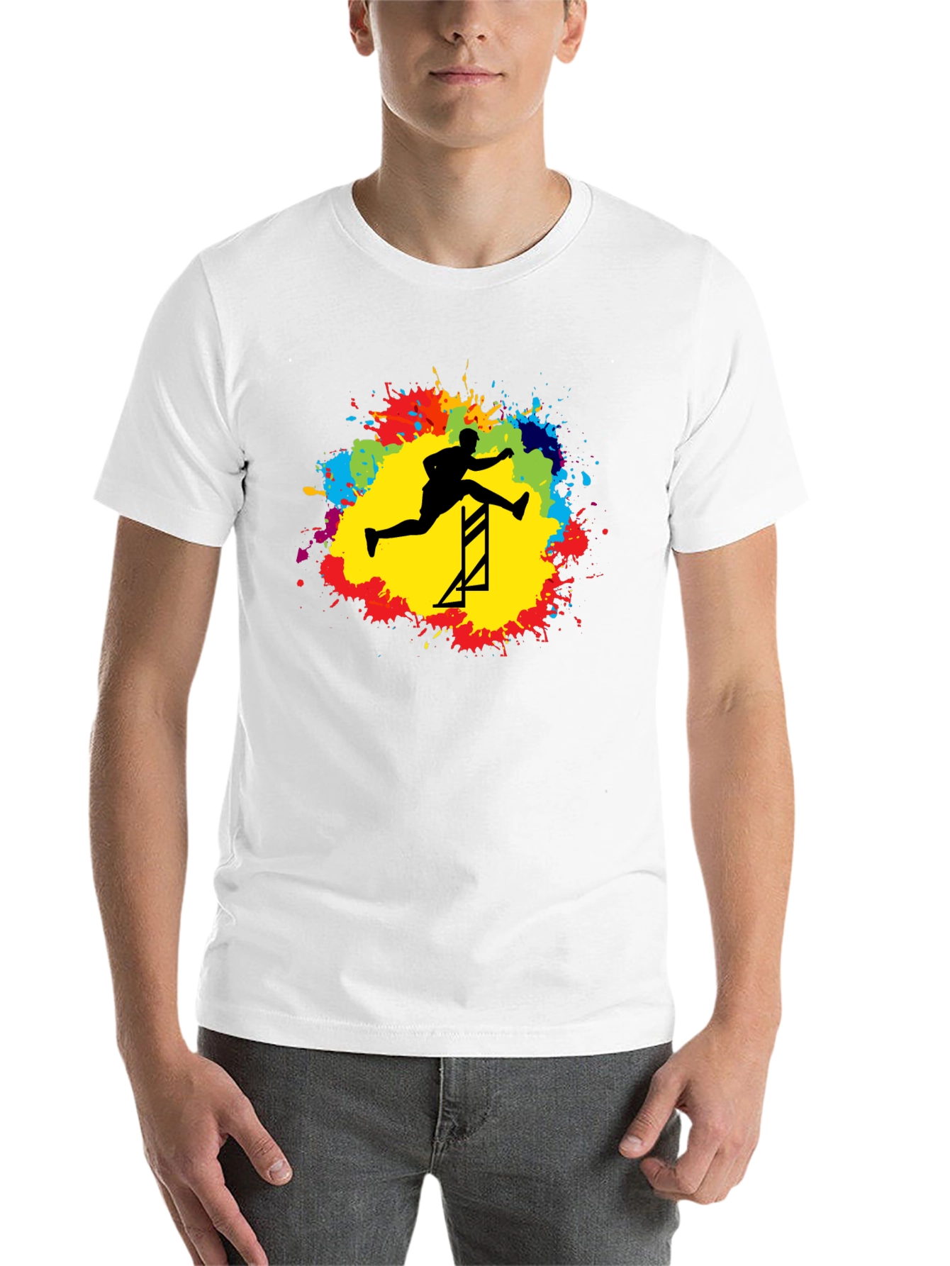 Athlete Hurdling Graphic Tee - Black Cotton T-Shirt