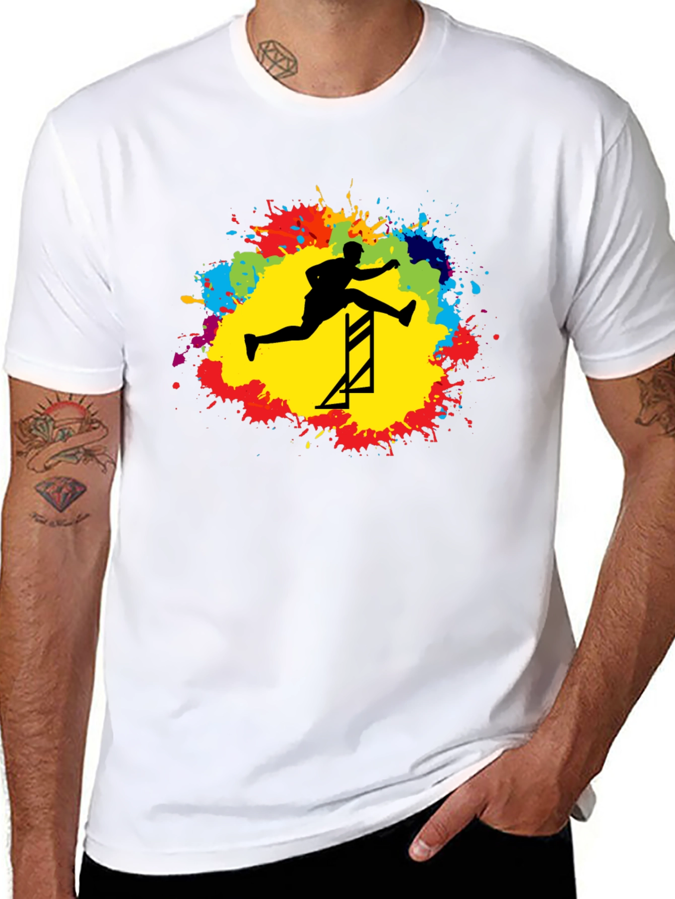 Athlete Hurdling Graphic Tee - Black Cotton T-Shirt