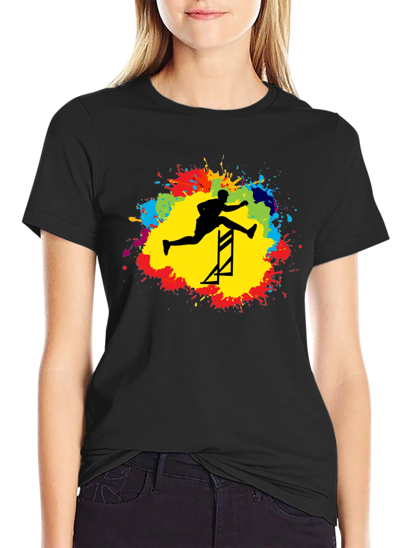 Athlete Hurdling Graphic Tee - Black Cotton T-Shirt