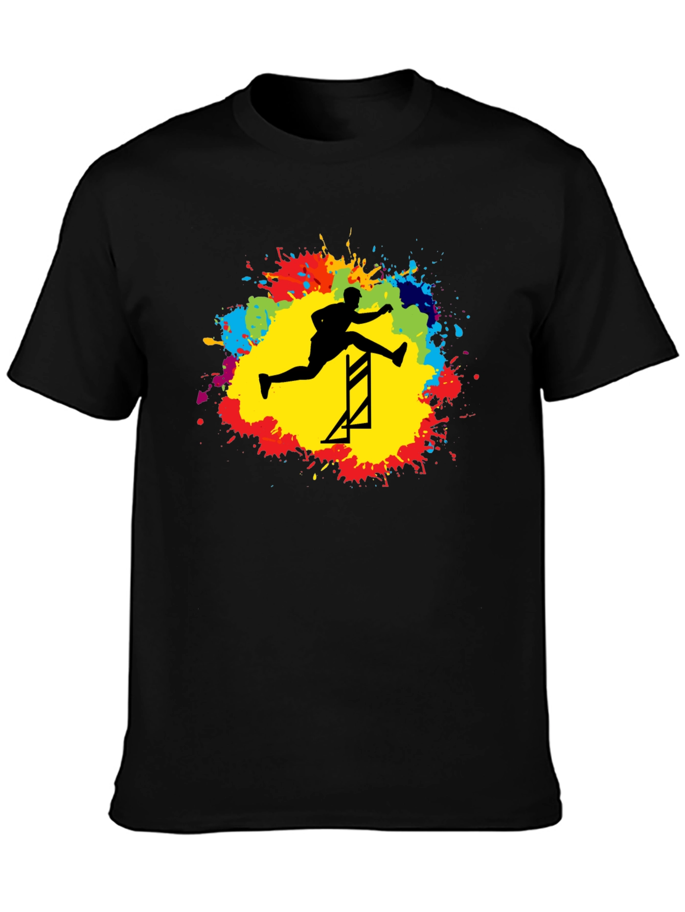 Athlete Hurdling Graphic Tee - Black Cotton T-Shirt