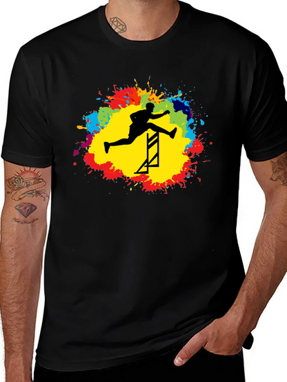 Athlete Hurdling Graphic Tee - Black Cotton T-Shirt