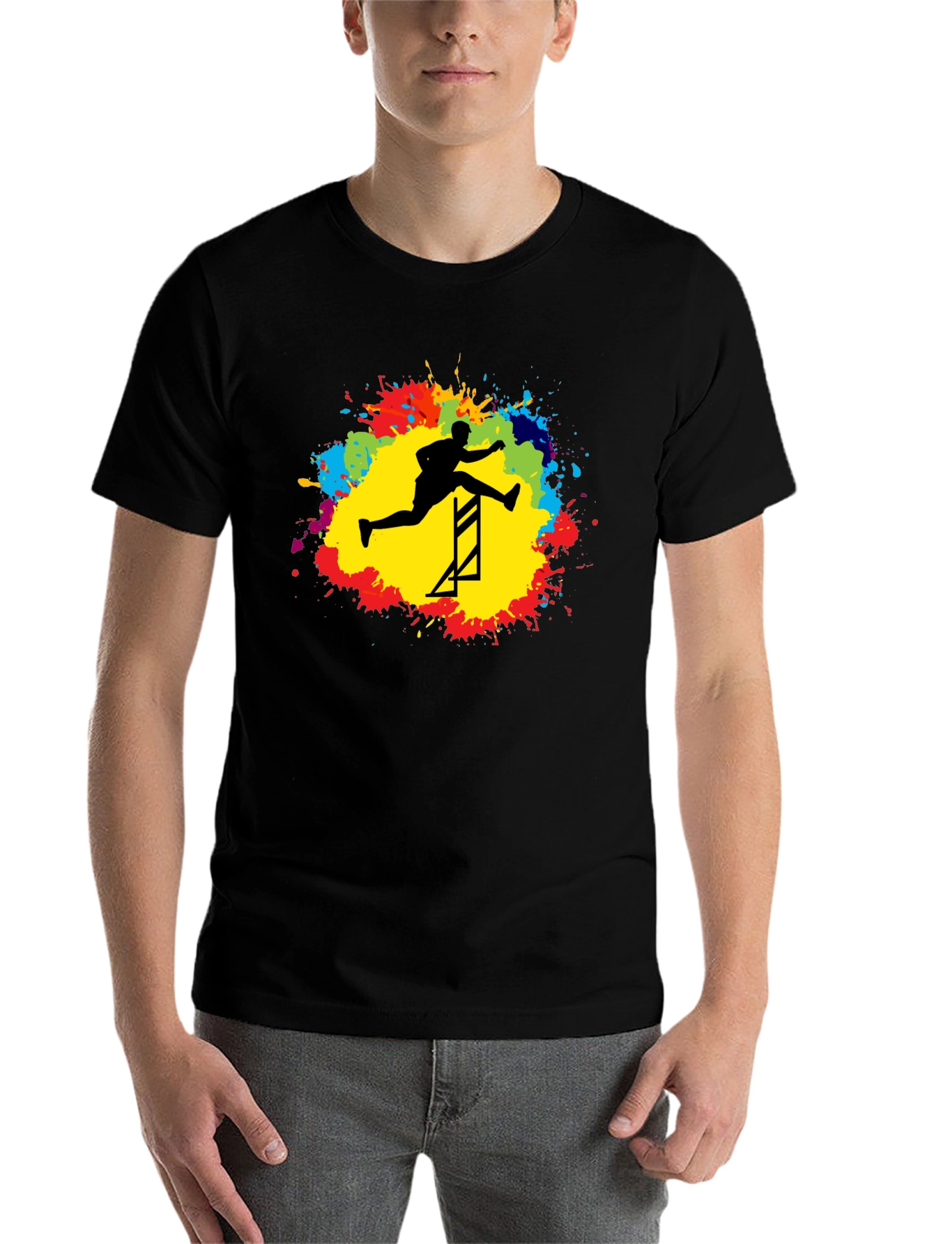 Athlete Hurdling Graphic Tee - Black Cotton T-Shirt