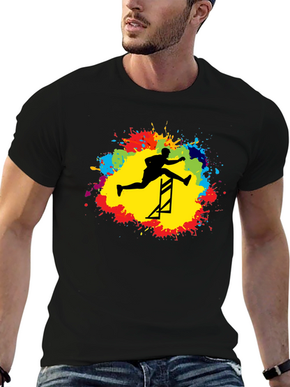 Athlete Hurdling Graphic Tee - Black Cotton T-Shirt