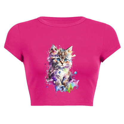 Watercolor Fluffy Kitten Hot Pink Crop Top ¨C Vibrant Rainbow Cat Graphic Baby Tee