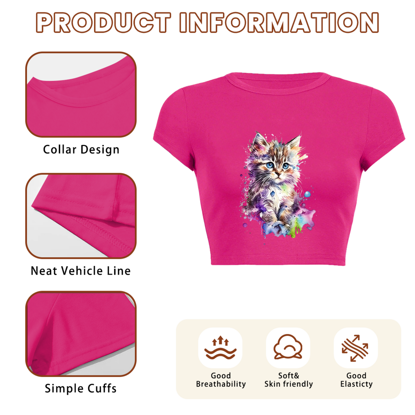 Watercolor Fluffy Kitten Hot Pink Crop Top ¨C Vibrant Rainbow Cat Graphic Baby Tee