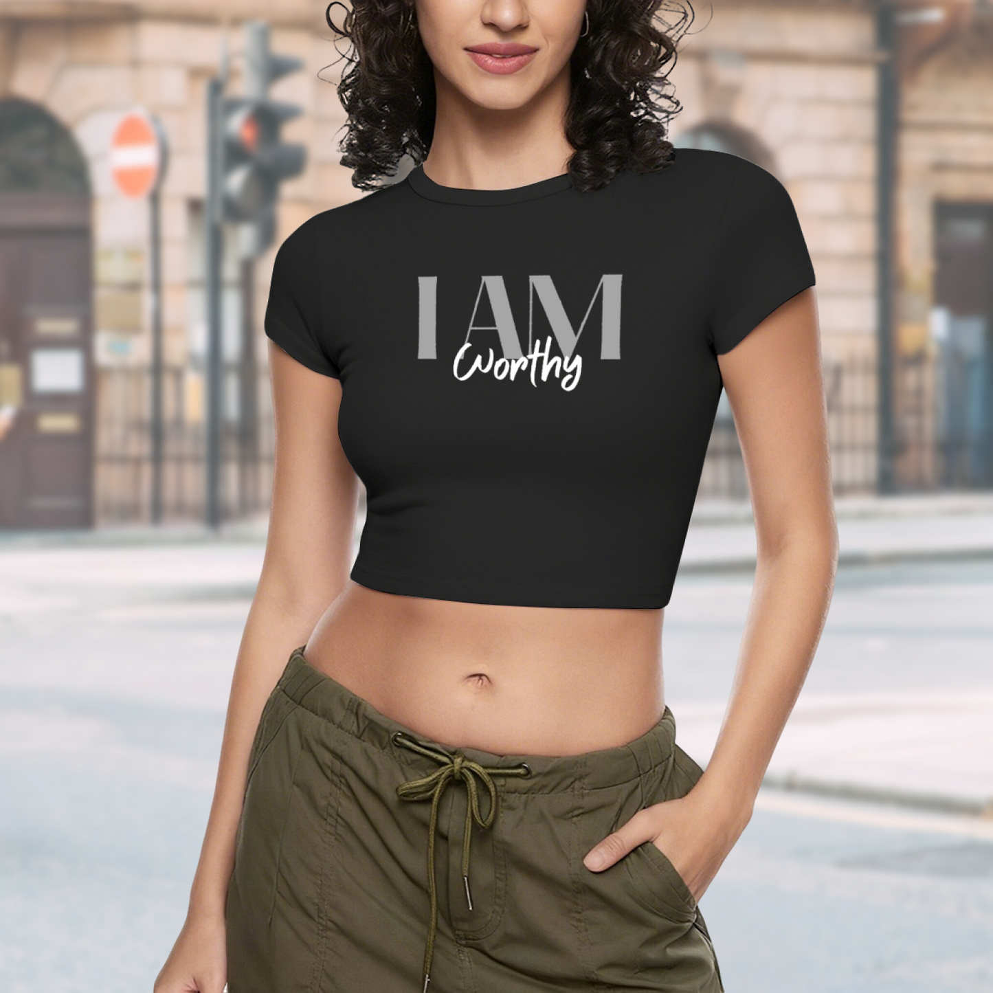 I Am Worthy Aesthetic Minimal Black Crop Tee ¨C Self Love Statement Top