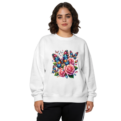 Sparkly Butterfly & Pink Rose Floral Crewneck Sweatshirt