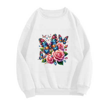 Sparkly Butterfly & Pink Rose Floral Crewneck Sweatshirt