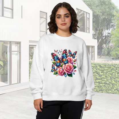 Sparkly Butterfly & Pink Rose Floral Crewneck Sweatshirt