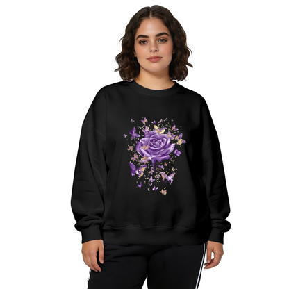 Luxe Purple Rose & Golden Butterflies Art Crewneck Sweatshirt