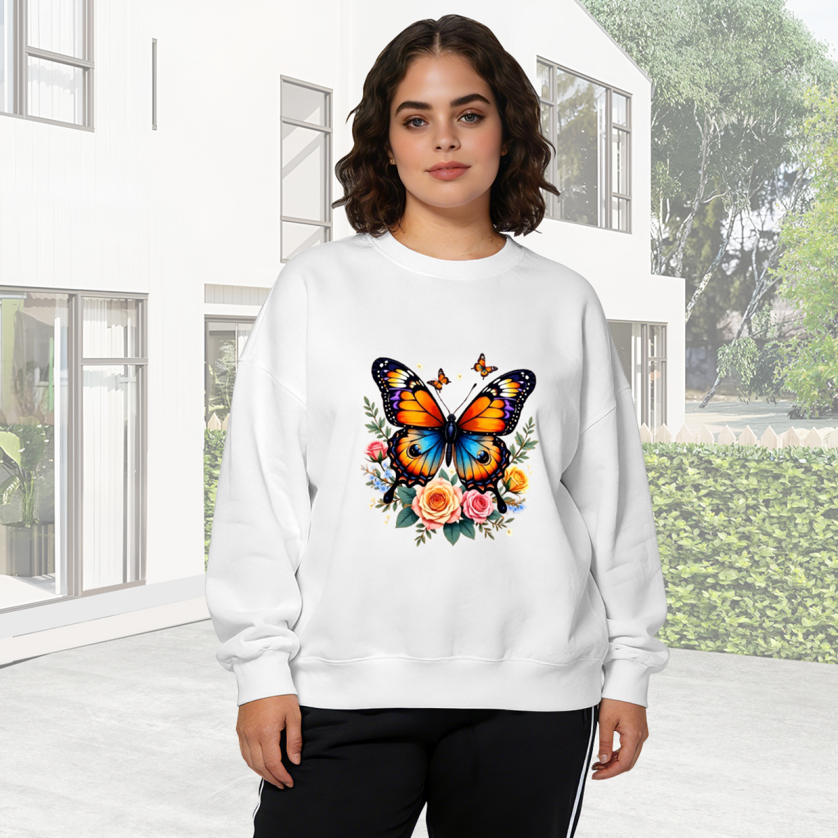 Vivid Multicolor Butterflies & Soft Roses Aesthetic Crewneck Sweatshirt