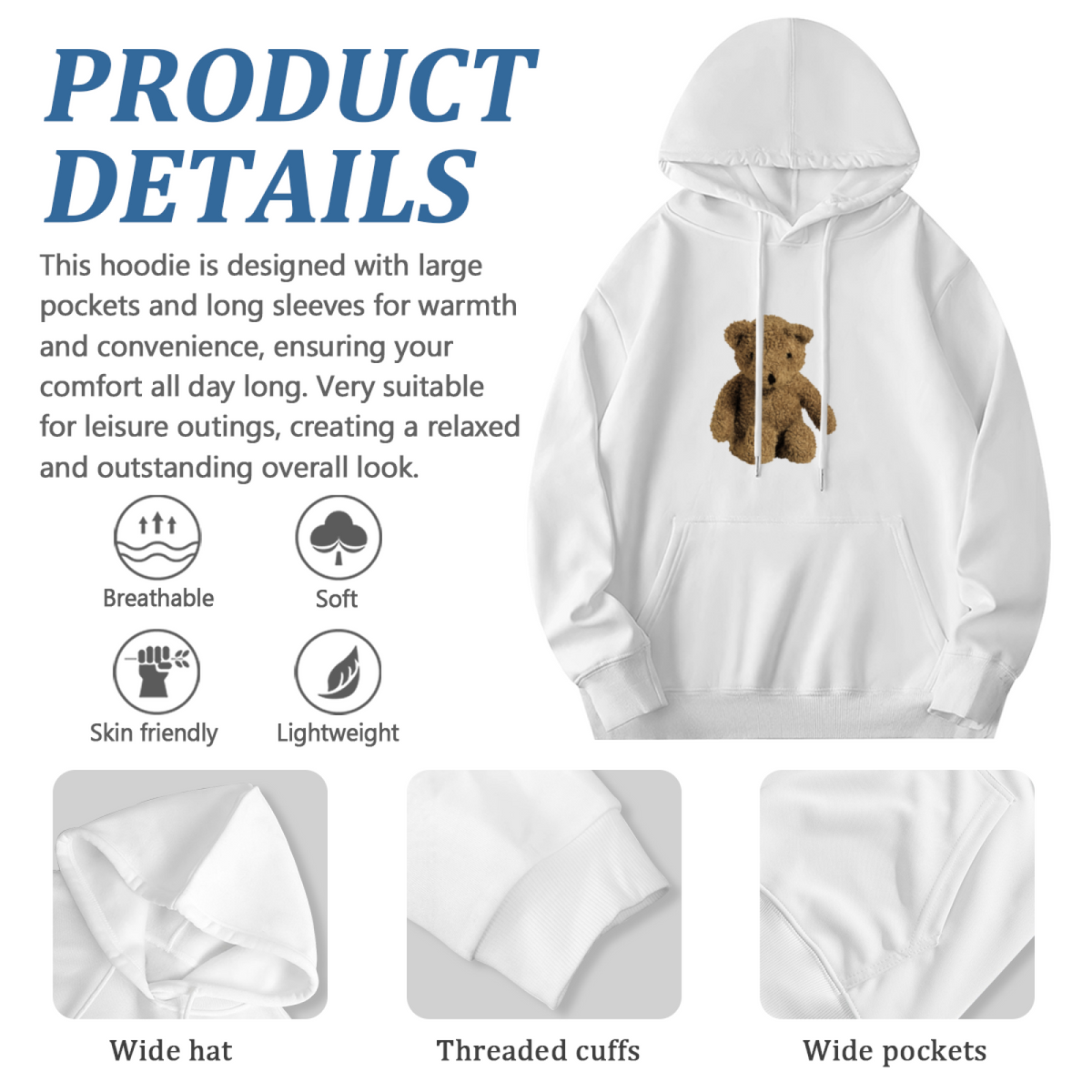 Cute Fluffy Teddy Bear White Hoodie, Unisex Soft Sweet Casual Top