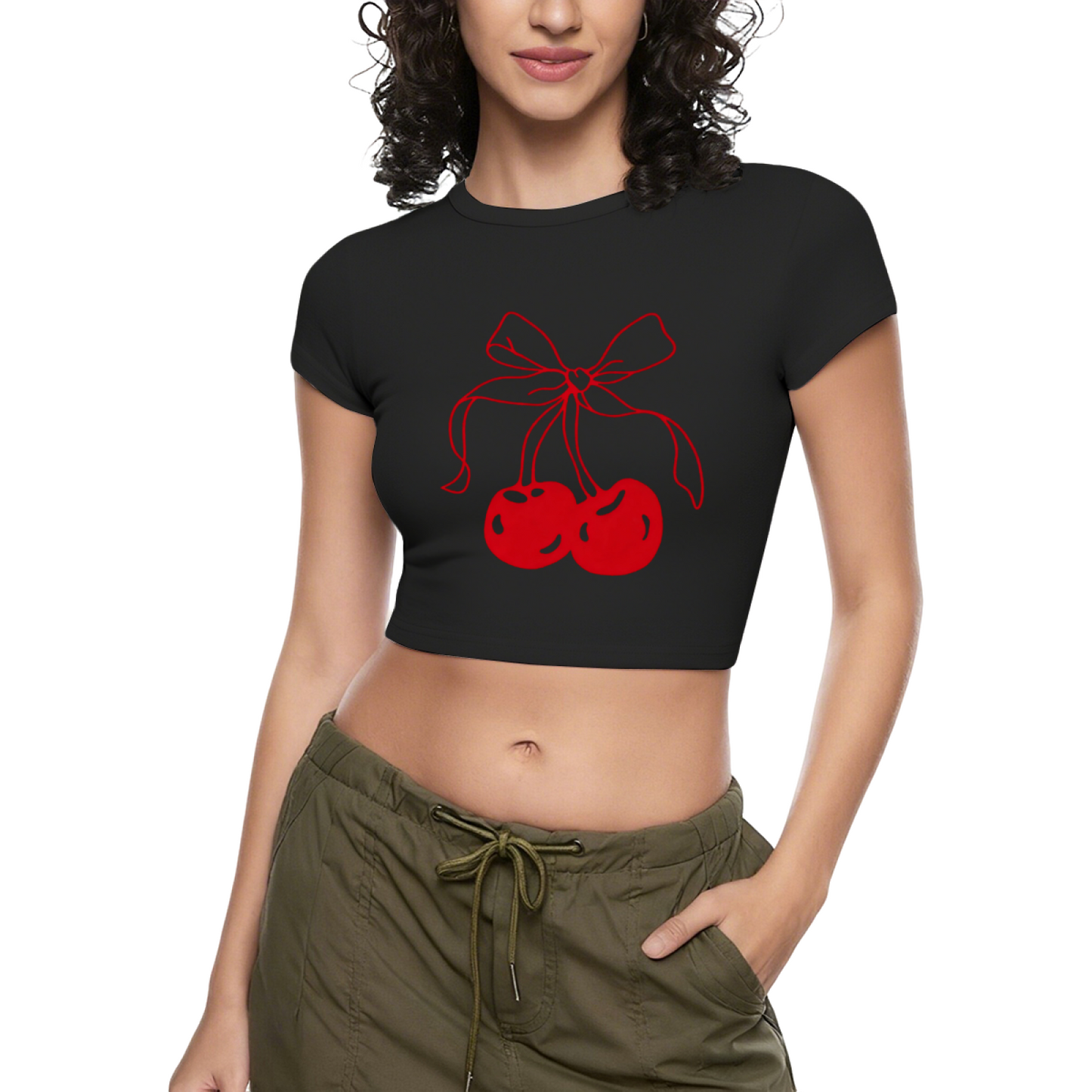 Coquette Red Bow Cherry Line Art White Crop Tee ¨C Sweet Y2K Girly Top 20.