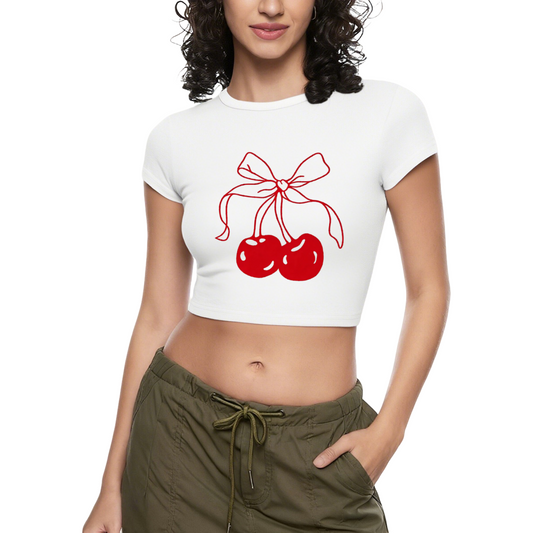 Coquette Red Bow Cherry Line Art White Crop Tee ¨C Sweet Y2K Girly Top 20.
