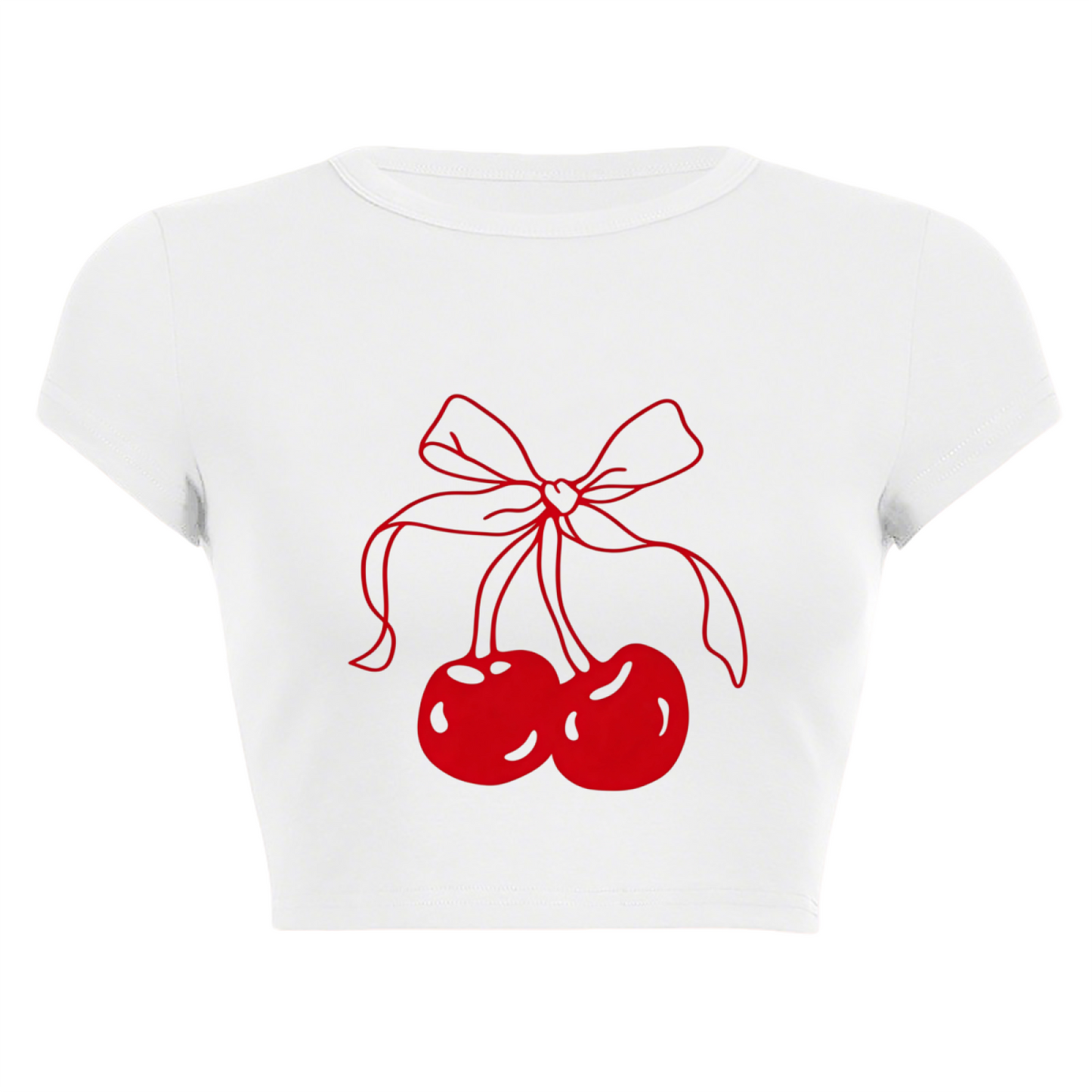 Coquette Red Bow Cherry Line Art White Crop Tee ¨C Sweet Y2K Girly Top 20.