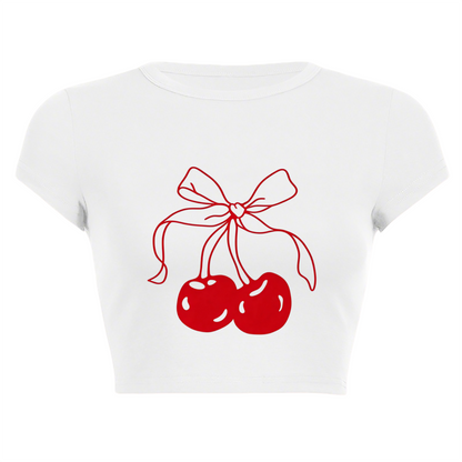 Coquette Red Bow Cherry Line Art White Crop Tee ¨C Sweet Y2K Girly Top 20.