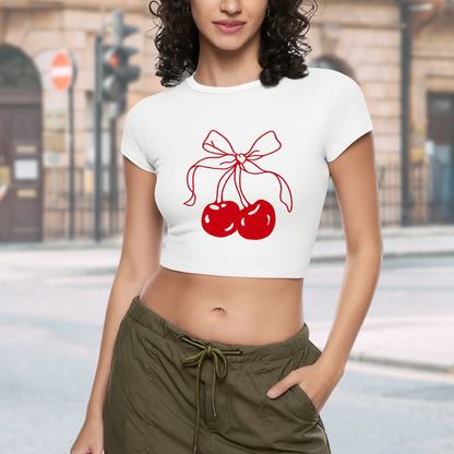 Coquette Red Bow Cherry Line Art White Crop Tee ¨C Sweet Y2K Girly Top 20.