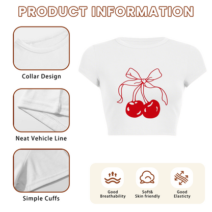 Coquette Red Bow Cherry Line Art White Crop Tee ¨C Sweet Y2K Girly Top 20.