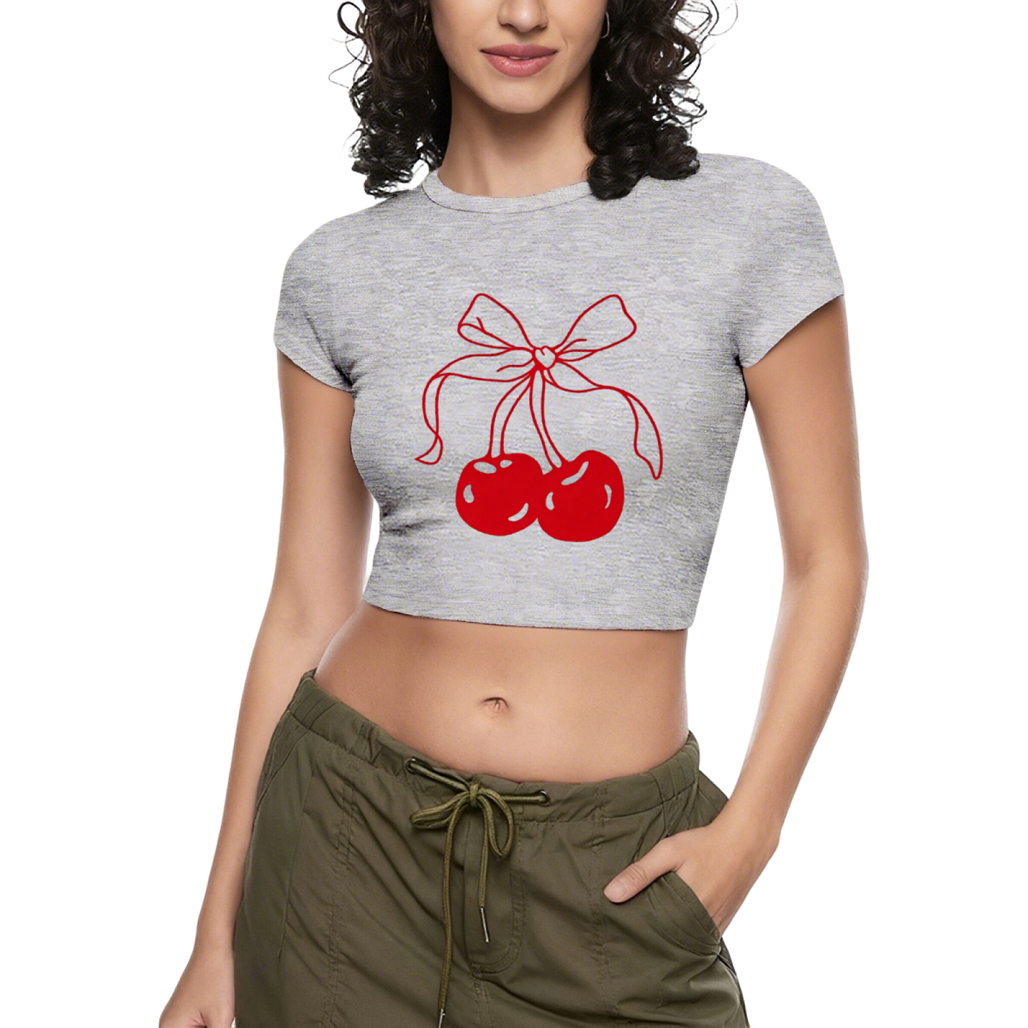 Coquette Red Bow Cherry Line Art White Crop Tee ¨C Sweet Y2K Girly Top 20.