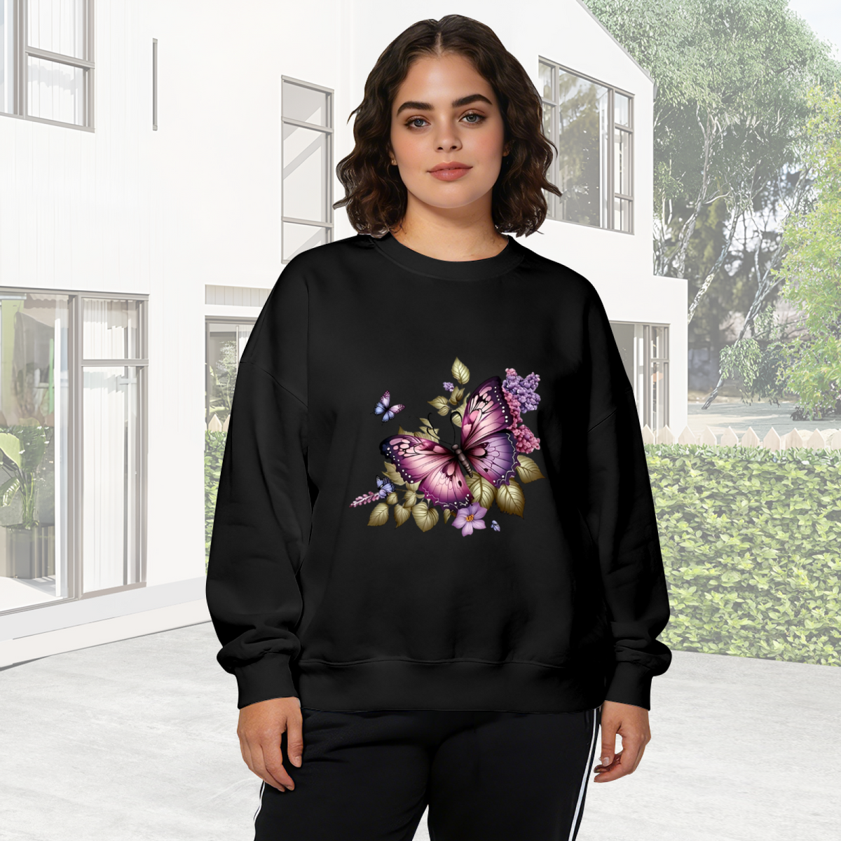 Glam Purple Butterfly & Blossom Art Crewneck Sweatshirt