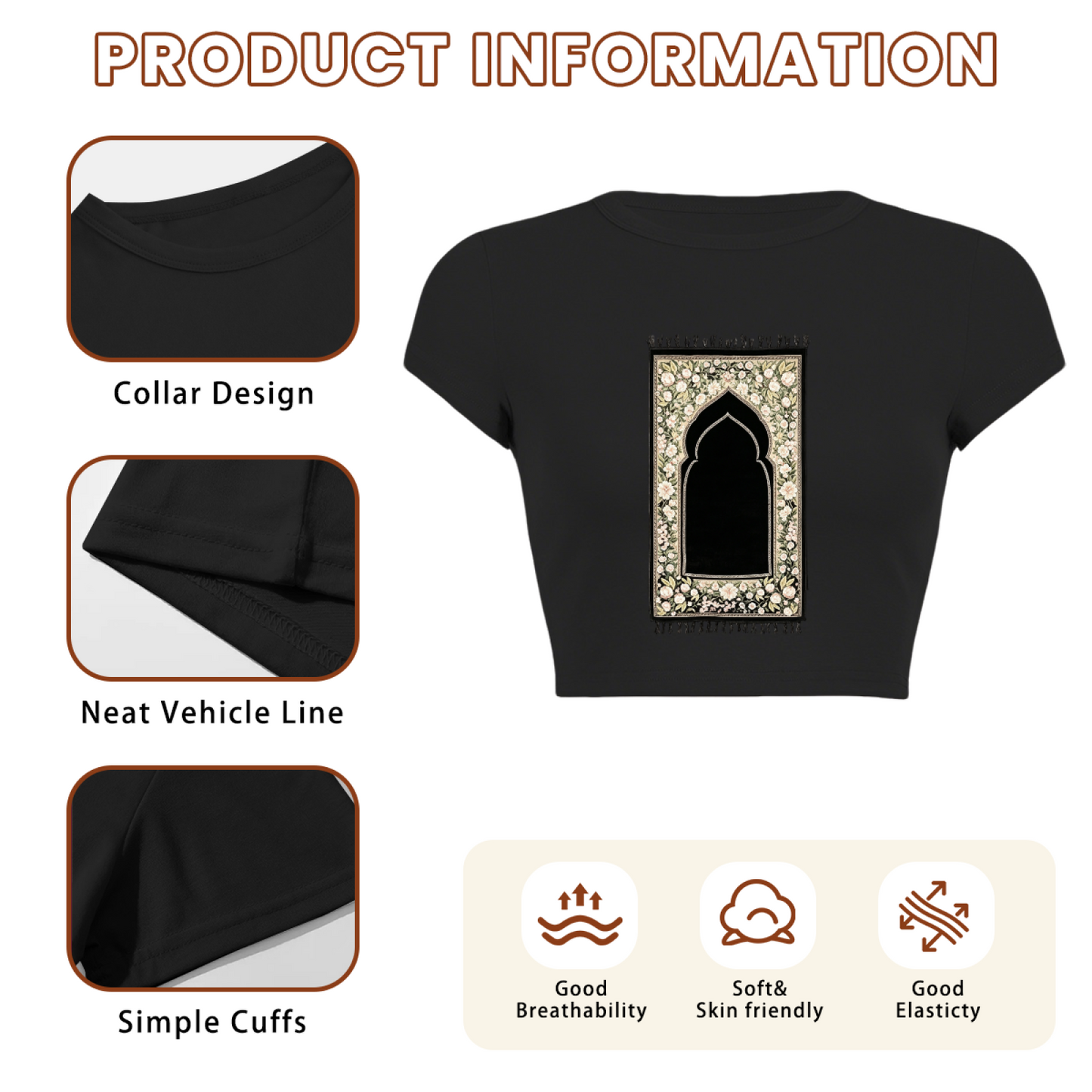 Floral Prayer Rug Islamic Art Black Minimal Crop Top