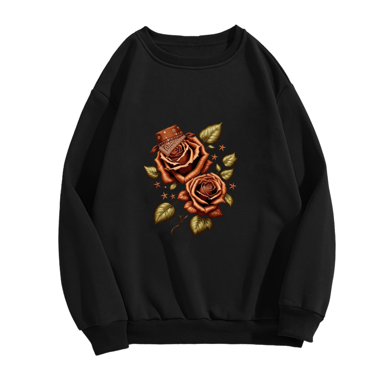 Western Cowboy Rose Art Black Crewneck Sweatshirt