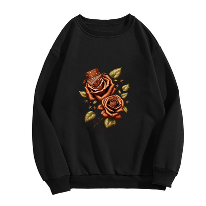 Western Cowboy Rose Art Black Crewneck Sweatshirt