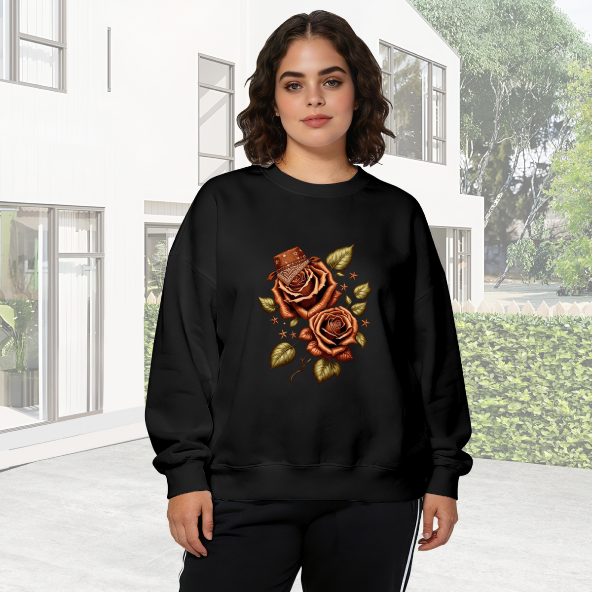 Western Cowboy Rose Art Black Crewneck Sweatshirt