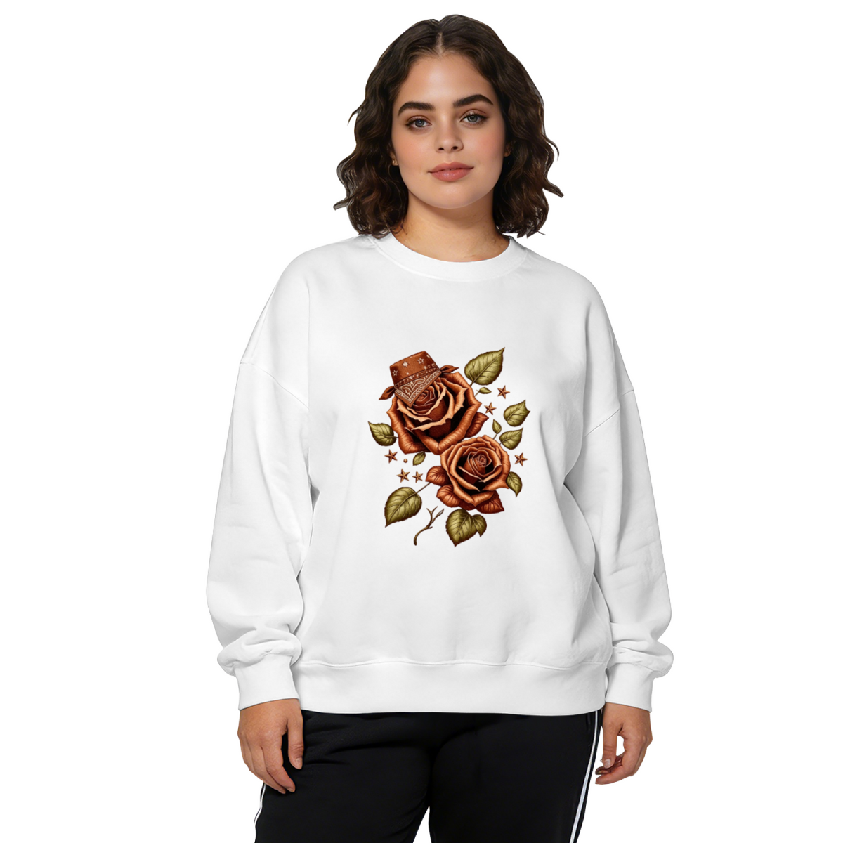 Western Cowboy Rose Art Black Crewneck Sweatshirt