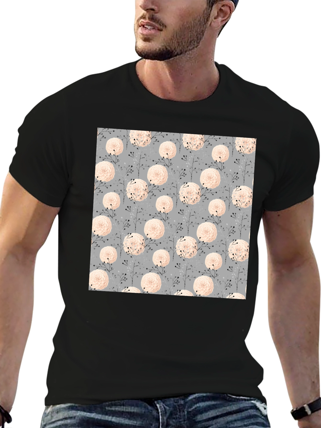 Floral Pattern Black Tee for Men