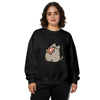 Cute Pusheen Cat Eating Pizza Fun Cartoon Crewneck Sweatshirt