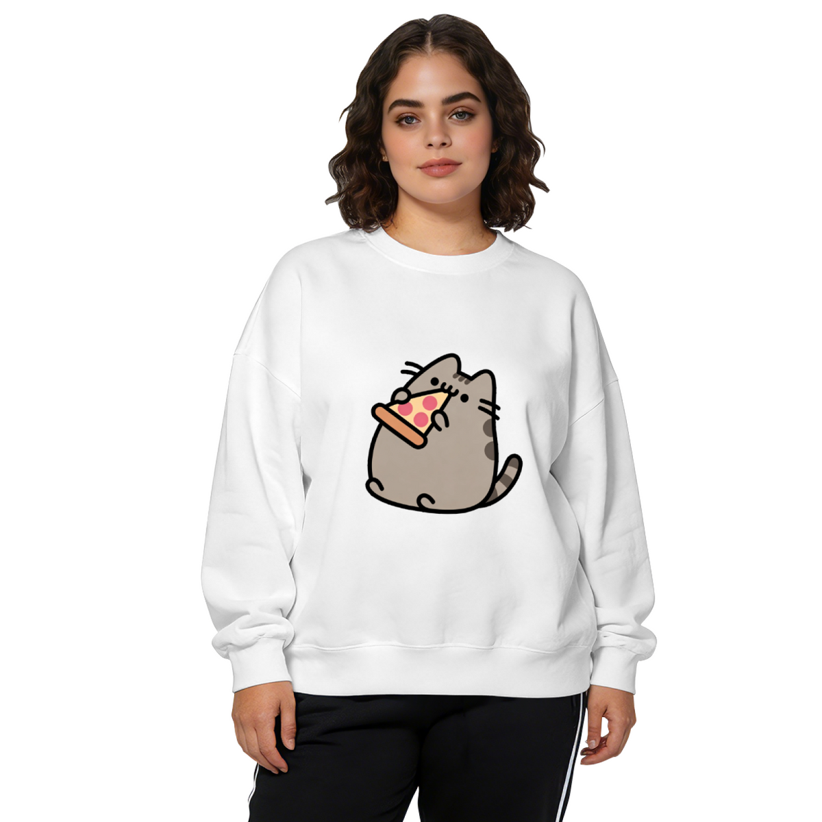 Cute Pusheen Cat Eating Pizza Fun Cartoon Crewneck Sweatshirt