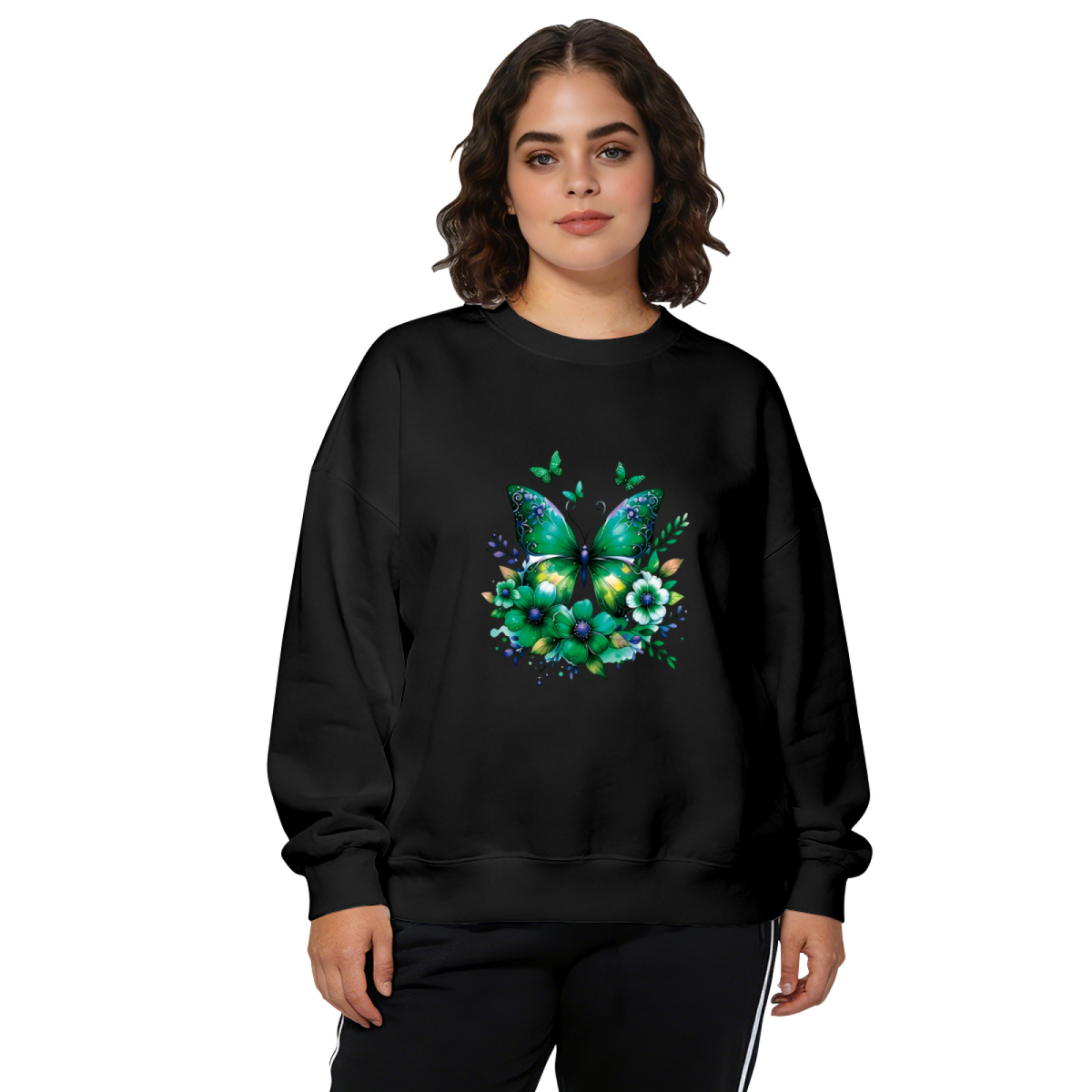 Stunning Green Botanical Butterfly Black Crewneck Sweatshirt