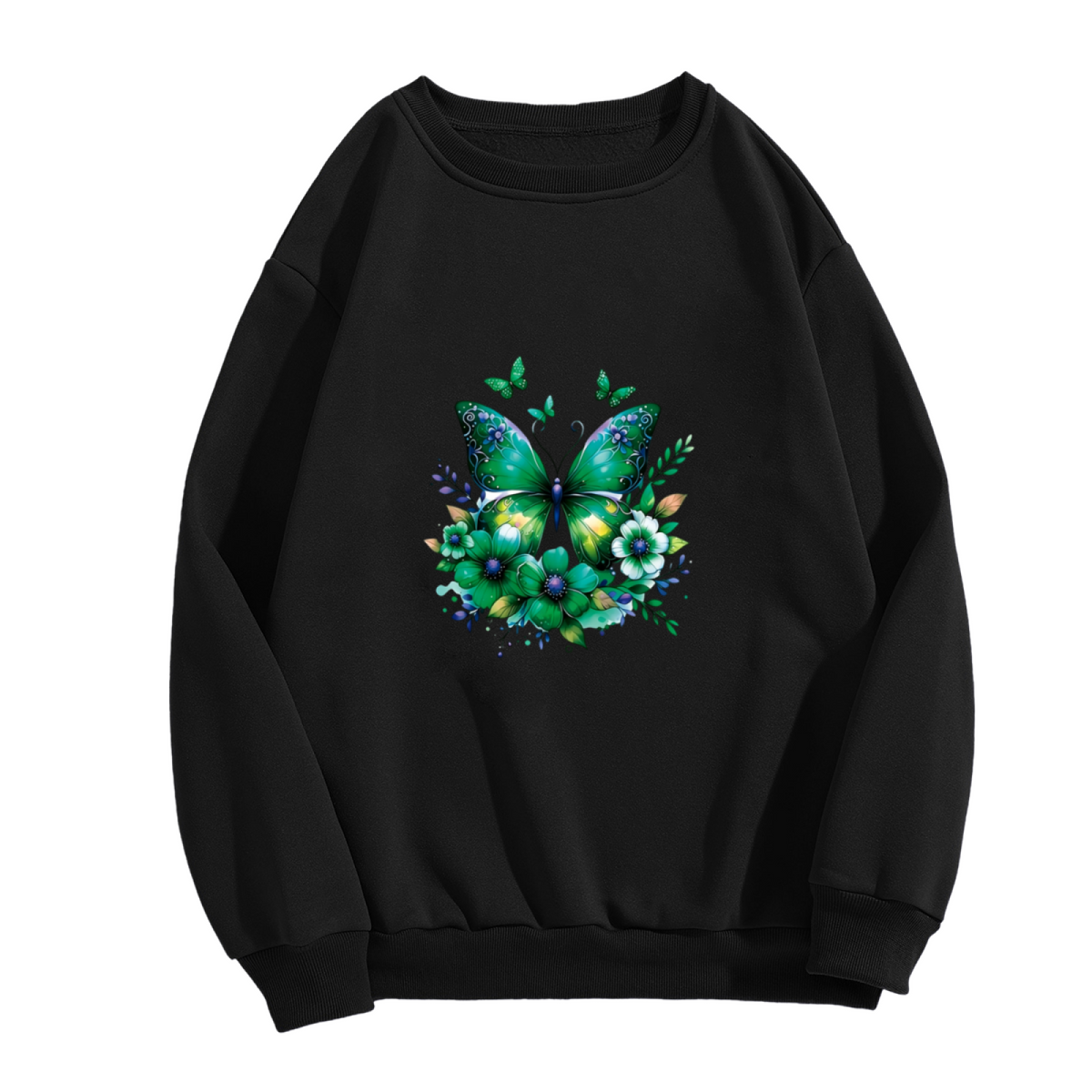 Stunning Green Botanical Butterfly Black Crewneck Sweatshirt
