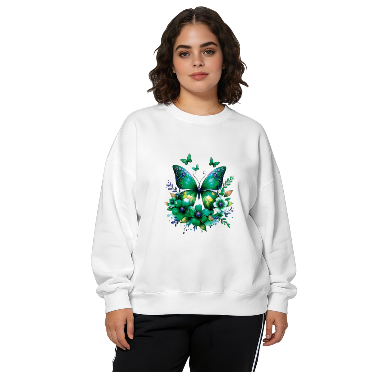 Stunning Green Botanical Butterfly Black Crewneck Sweatshirt