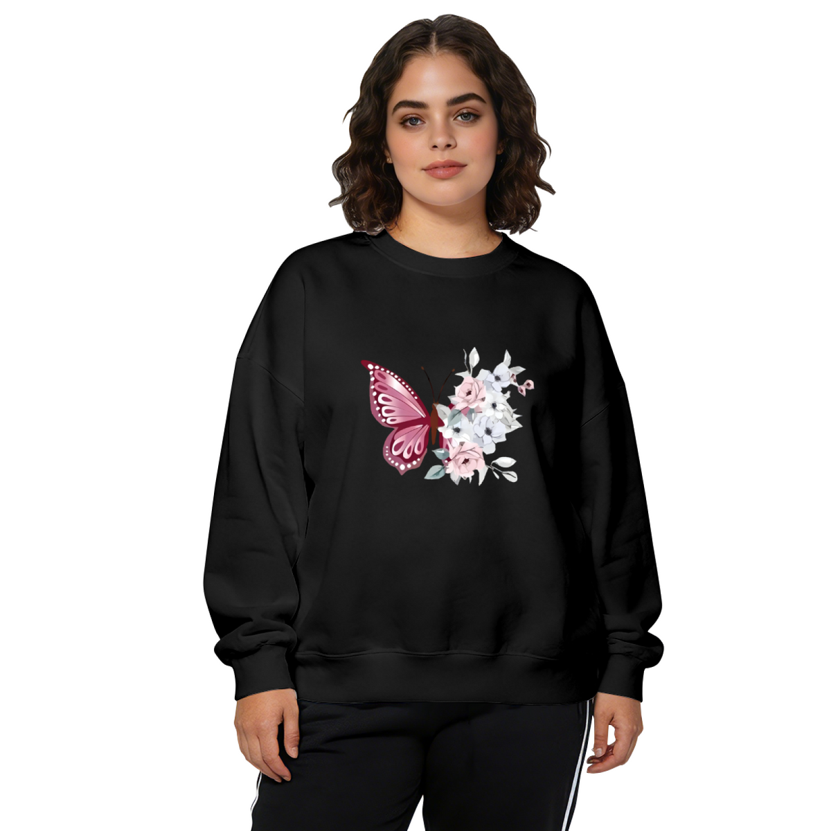 Romantic Pink Butterfly Soft Floral Crewneck Sweatshirt