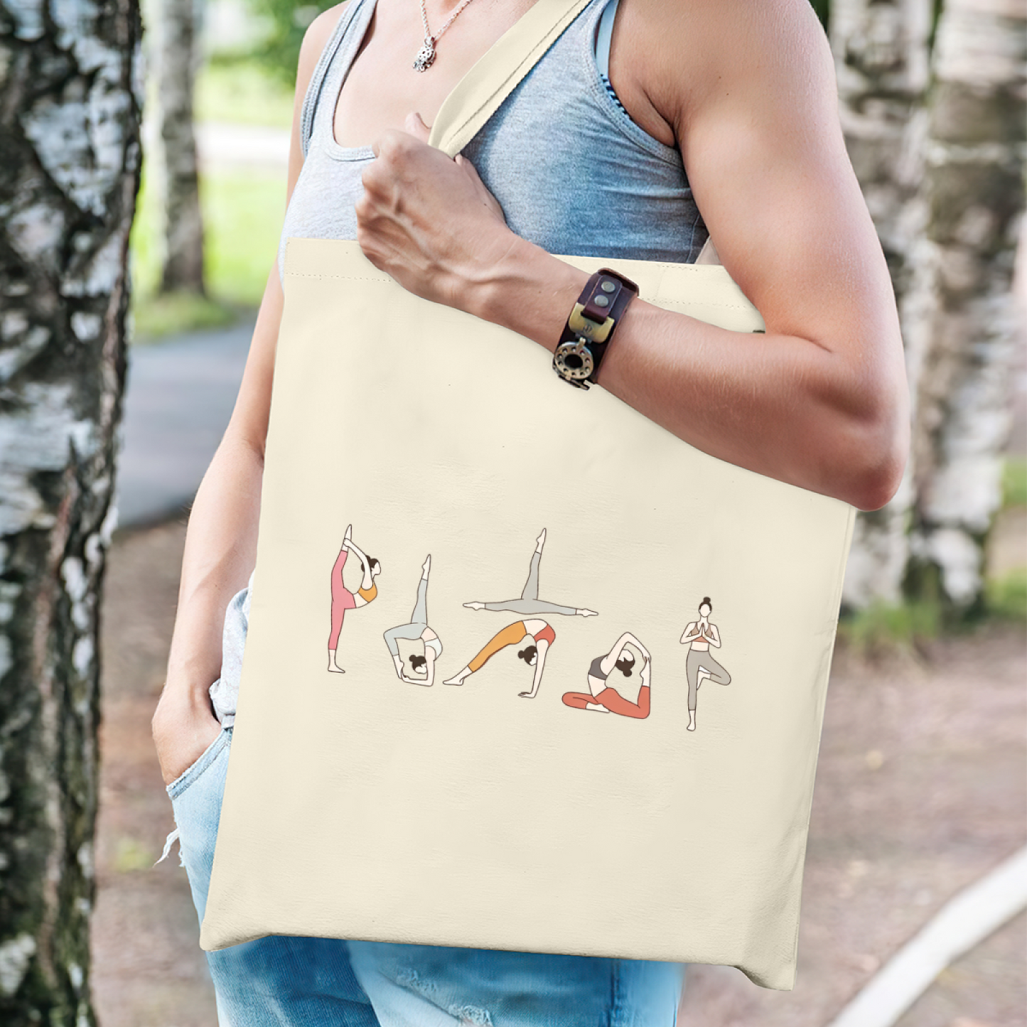Minimal Line Art Yoga Lady Canvas Tote | Fitness Lover Neutral Daily Shoulder Bag