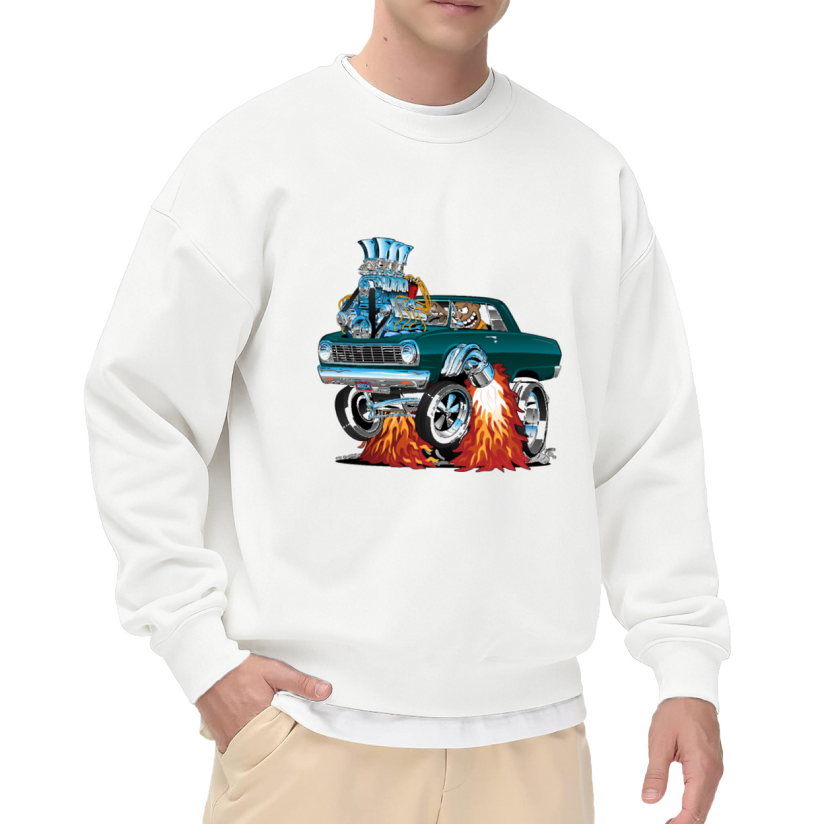 Retro Hot Rod Muscle Car Flame Graphic Crewneck Sweatshirt