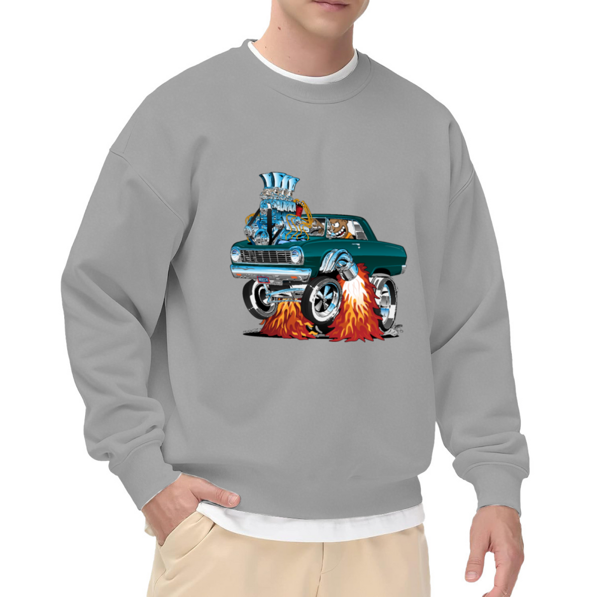 Retro Hot Rod Muscle Car Flame Graphic Crewneck Sweatshirt