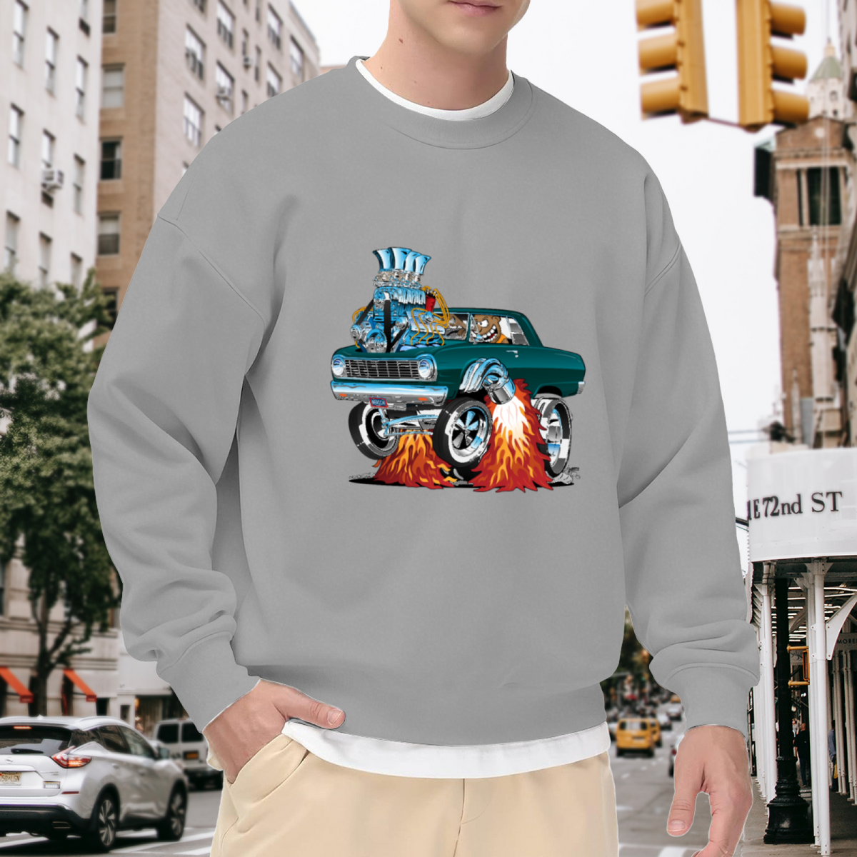 Retro Hot Rod Muscle Car Flame Graphic Crewneck Sweatshirt
