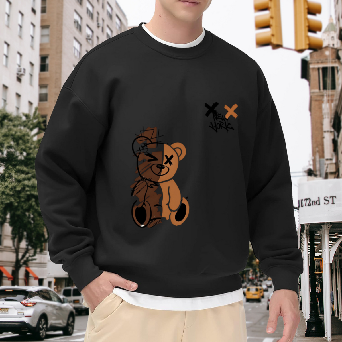 Split X?Eye Teddy Bear New York Streetwear Crewneck Sweatshirt