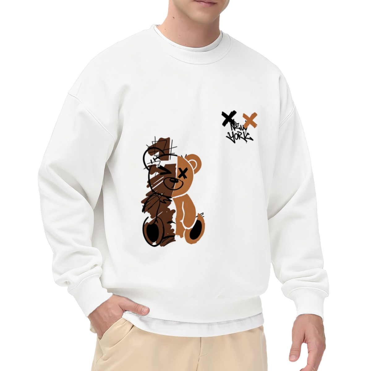 Split X?Eye Teddy Bear New York Streetwear Crewneck Sweatshirt
