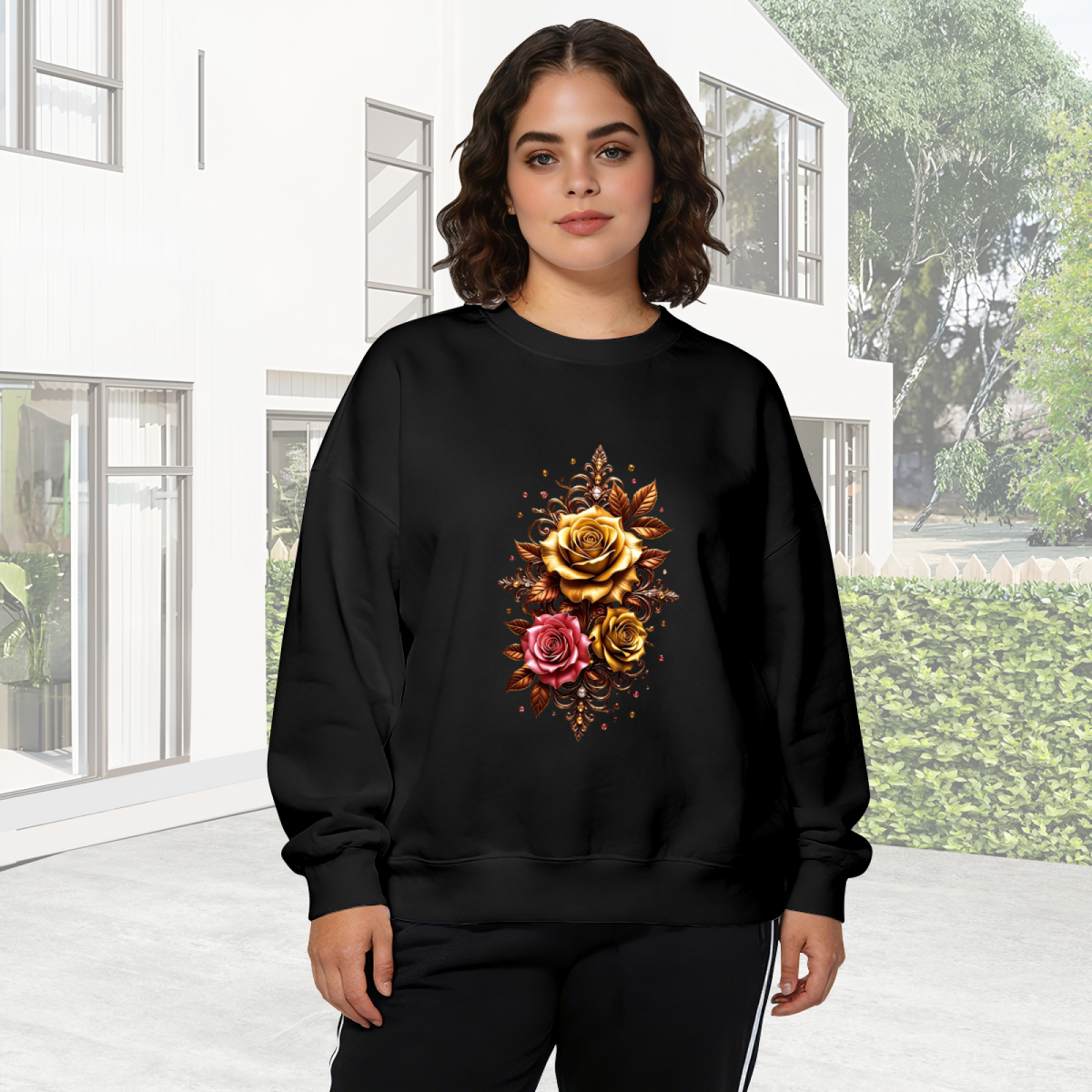 Luxury Golden And Pink Ornate Rose Floral Crewneck Sweatshirt