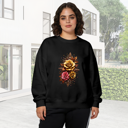 Luxury Golden And Pink Ornate Rose Floral Crewneck Sweatshirt