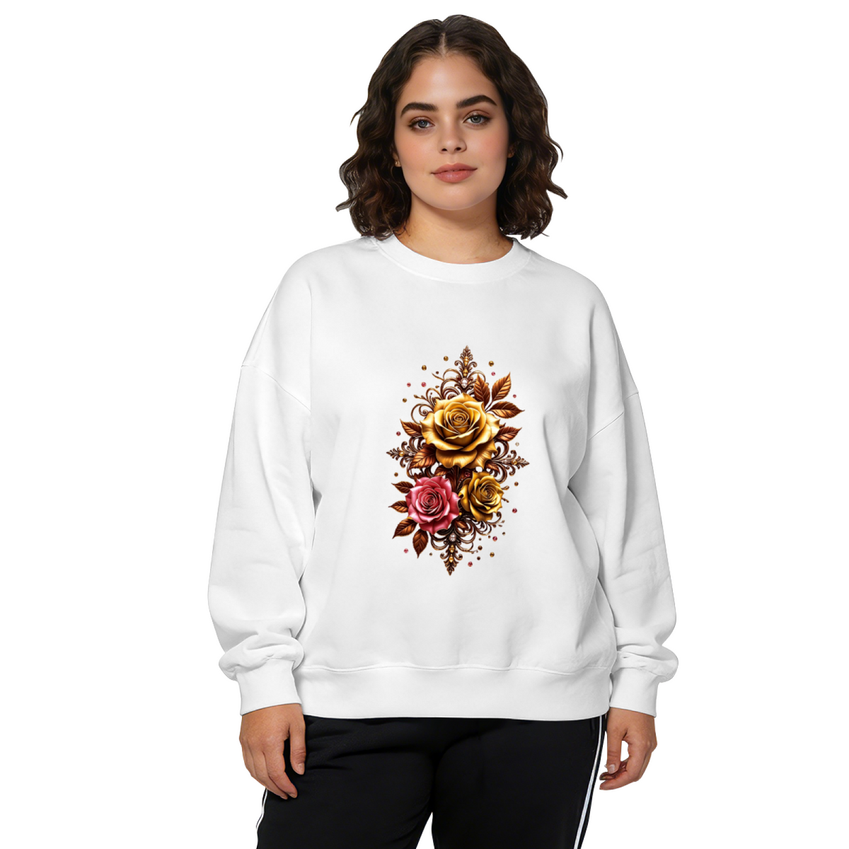 Luxury Golden And Pink Ornate Rose Floral Crewneck Sweatshirt