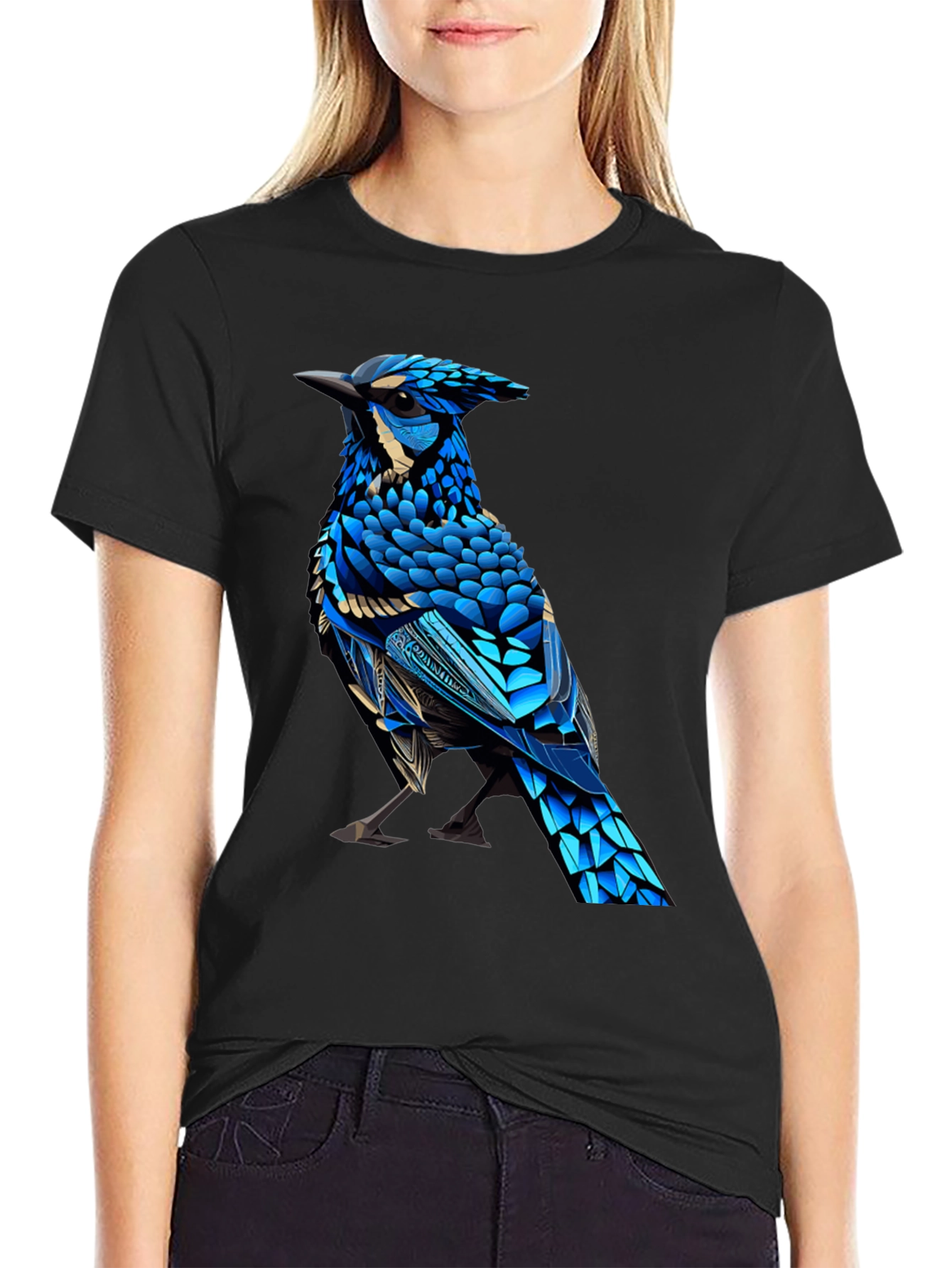 Black T-Shirt with Blue Bird Graphic
