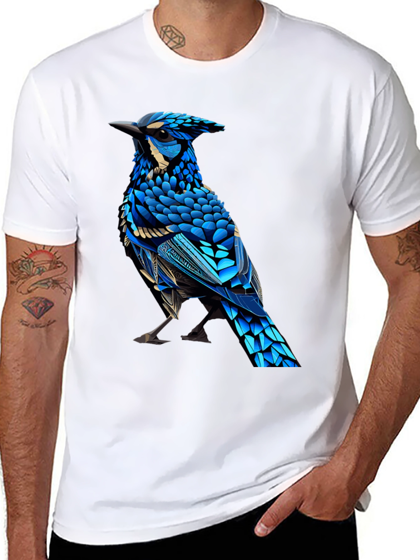 Black T-Shirt with Blue Bird Graphic