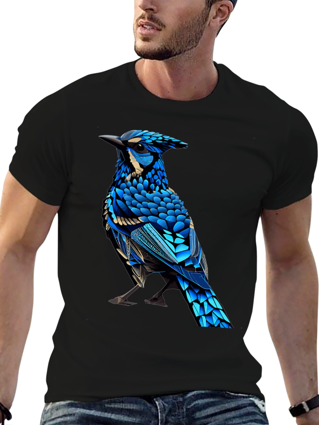 Black T-Shirt with Blue Bird Graphic