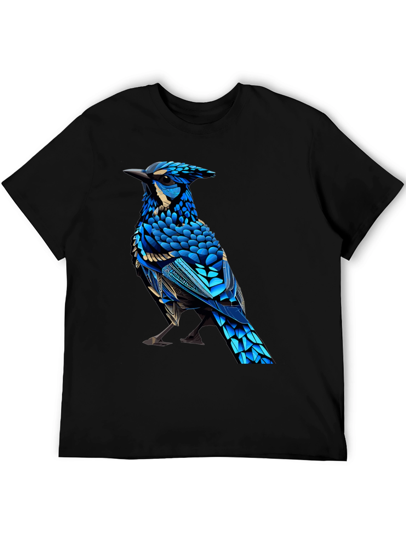 Black T-Shirt with Blue Bird Graphic